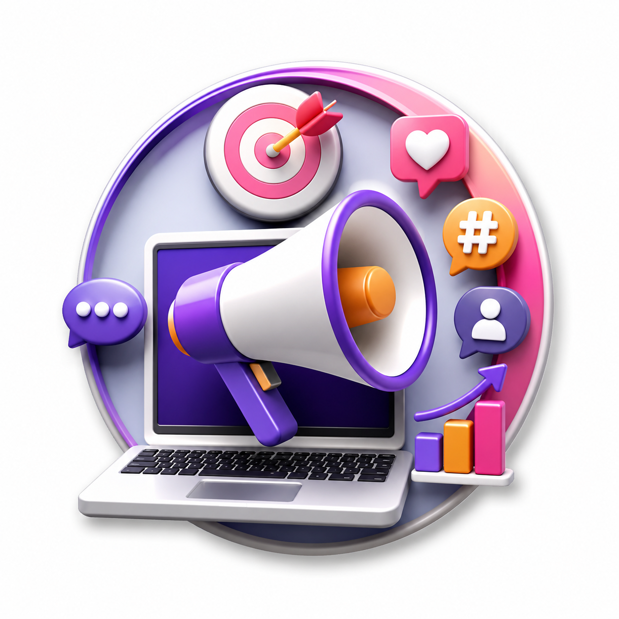 3D digital marketing illustration with laptop, megaphone, social media icons and growth chart