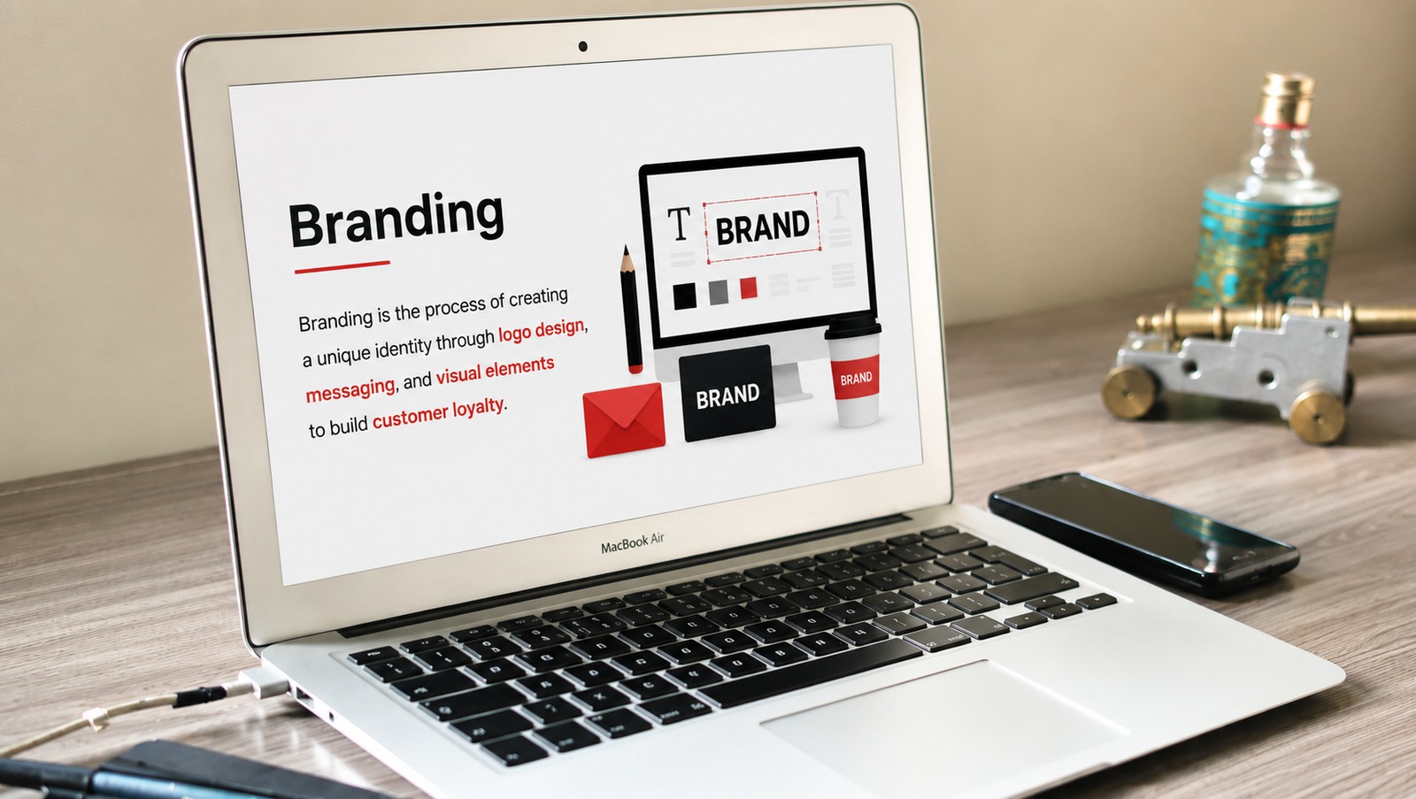 A laptop displaying a branding presentation with logo design, messaging, and visual elements on a desk.