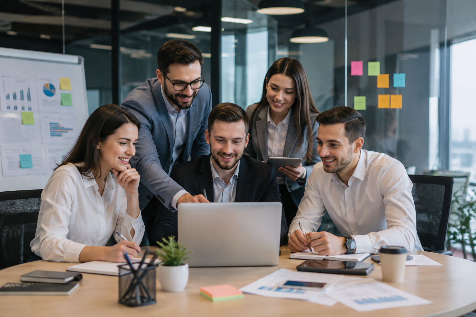 Professional digital marketing team working together in a modern office