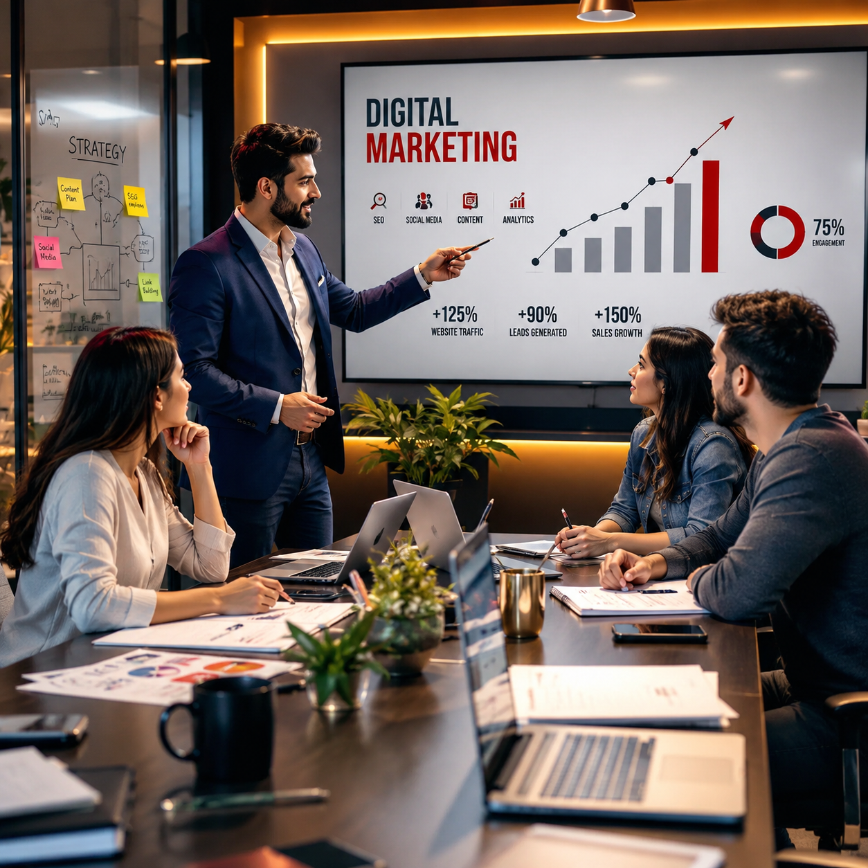 Digital marketing team discussing business growth strategy in a modern office