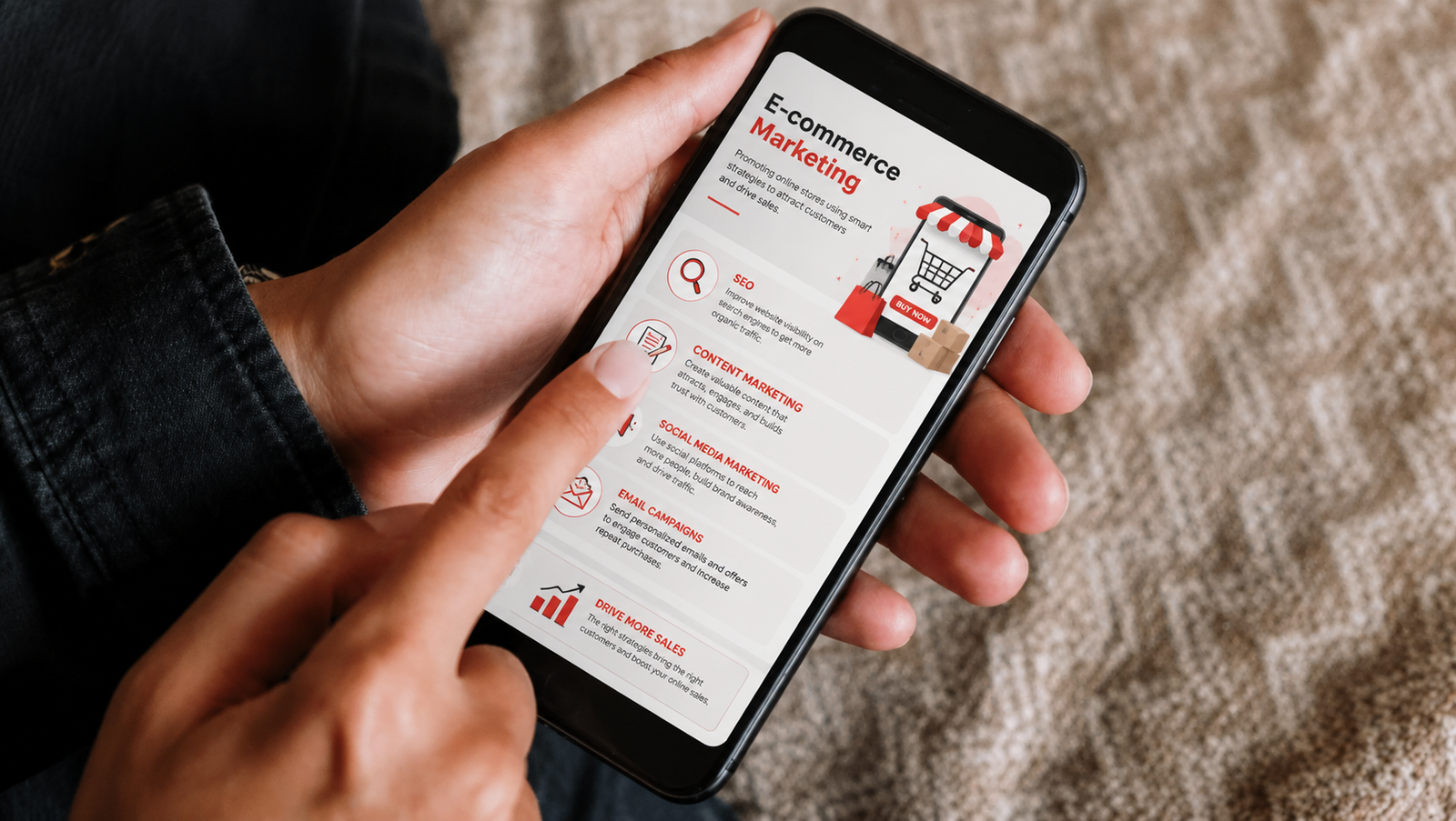 Person using a smartphone to explore an e-commerce marketing page with SEO, content marketing, social media, and email campaign strategies.