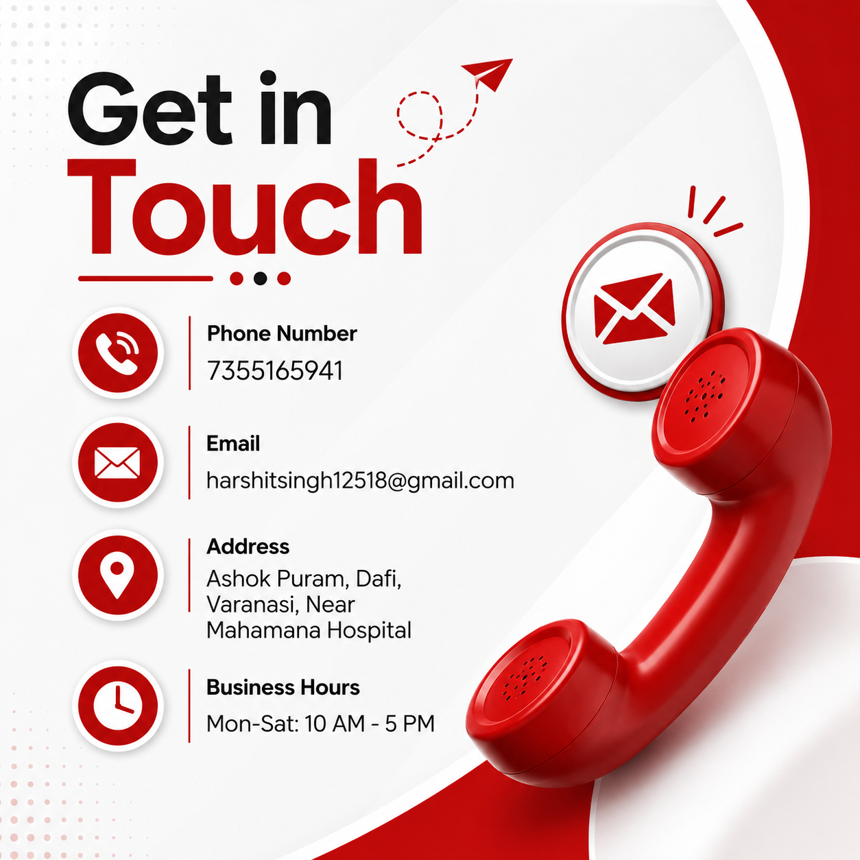 Get in Touch contact information graphic with phone number, email, address in Varanasi, and business hours.