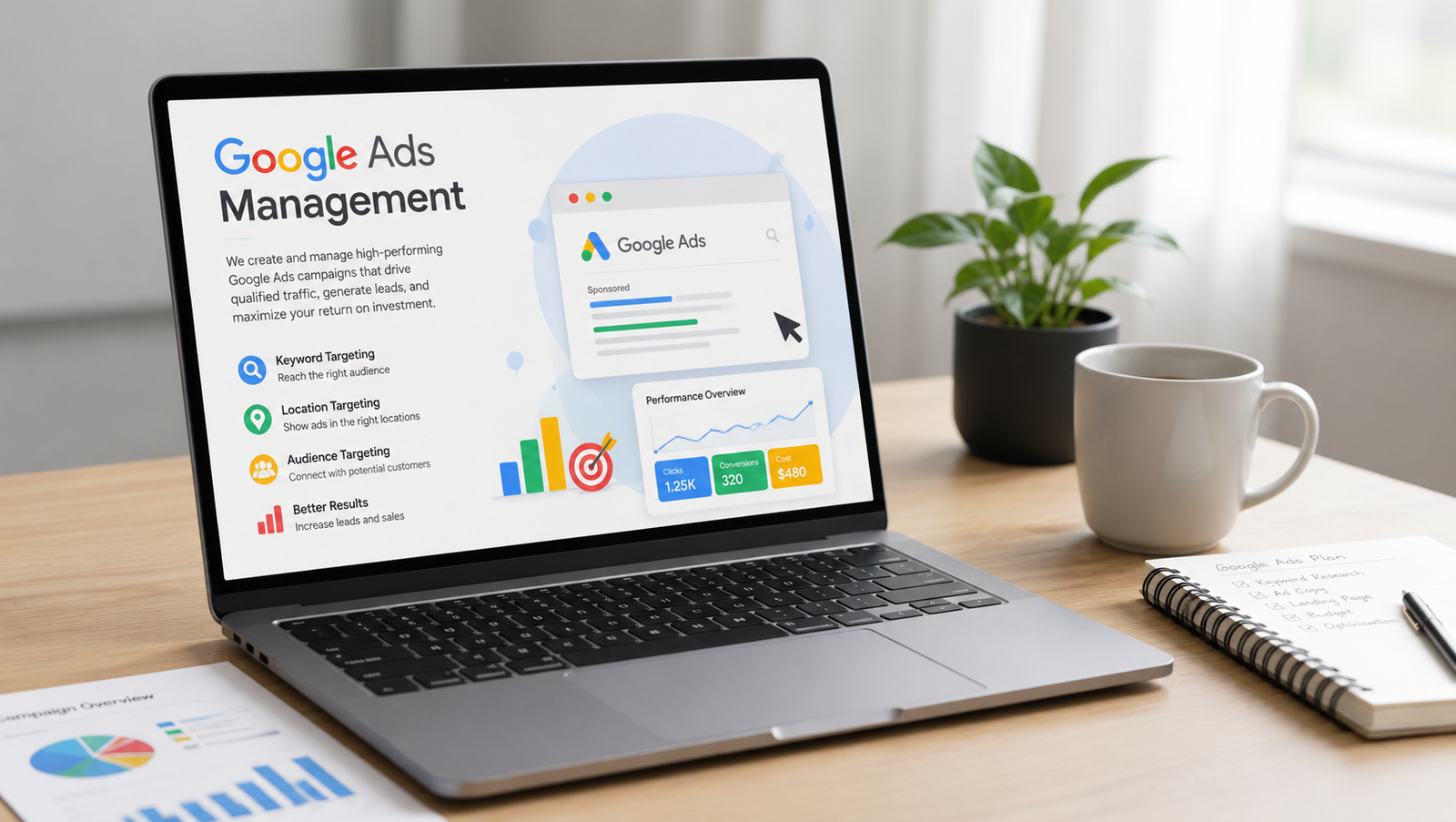 Google Ads management campaign displayed on a laptop for digital marketing