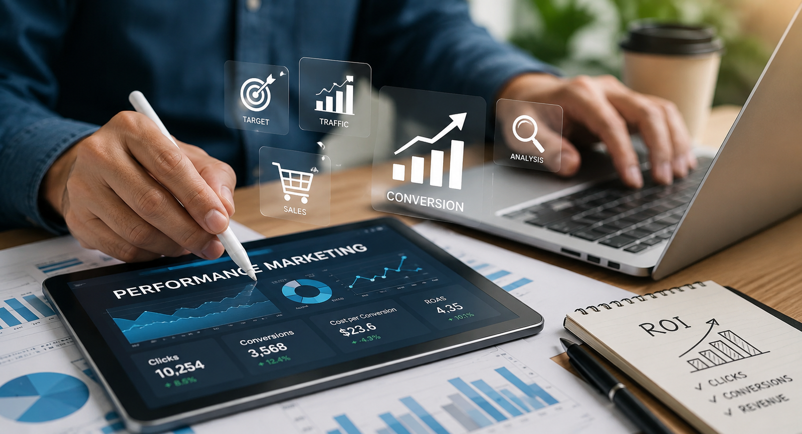 Performance marketing campaign analytics showing clicks, conversions, sales, and ROI