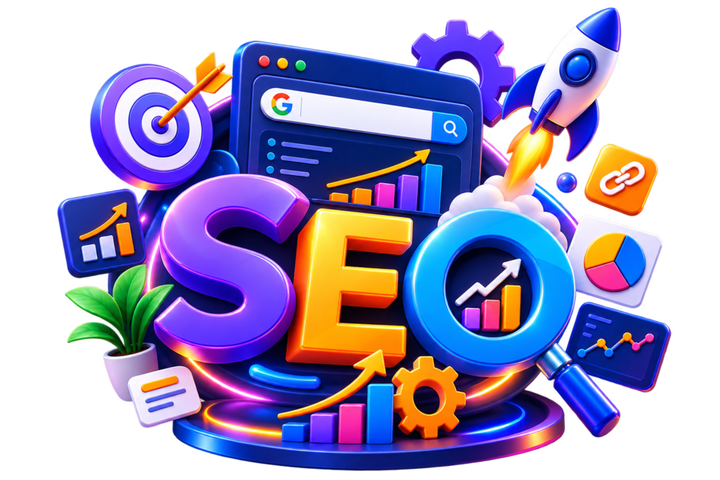 3D SEO illustration showing search engine optimization, keyword research, website ranking, analytics and organic traffic growth