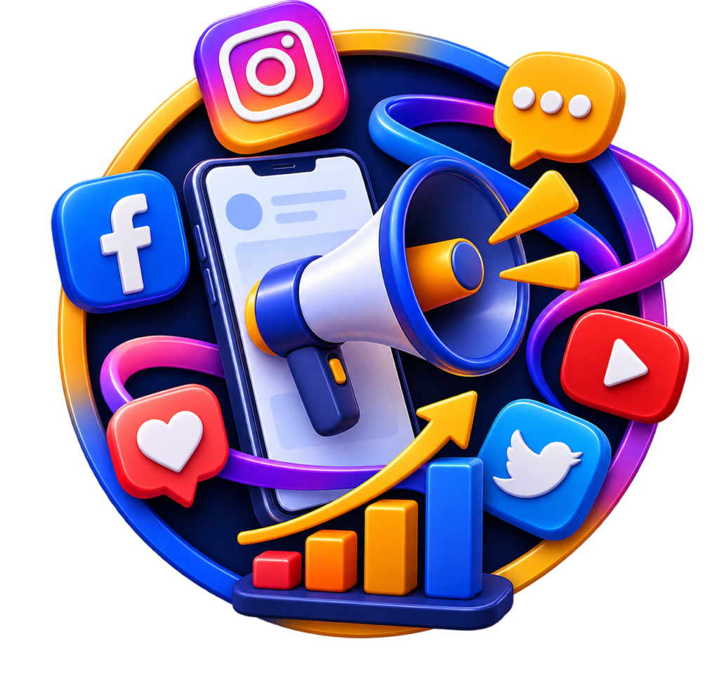 3D social media marketing illustration with smartphone, engagement icons, content sharing, target audience and business growth