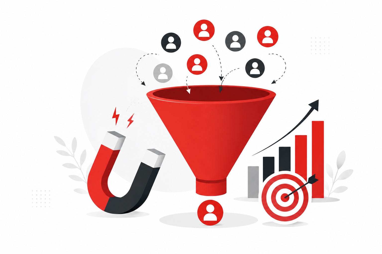 Lead generation services illustration showing marketing funnel, target audience, leads, and business growth