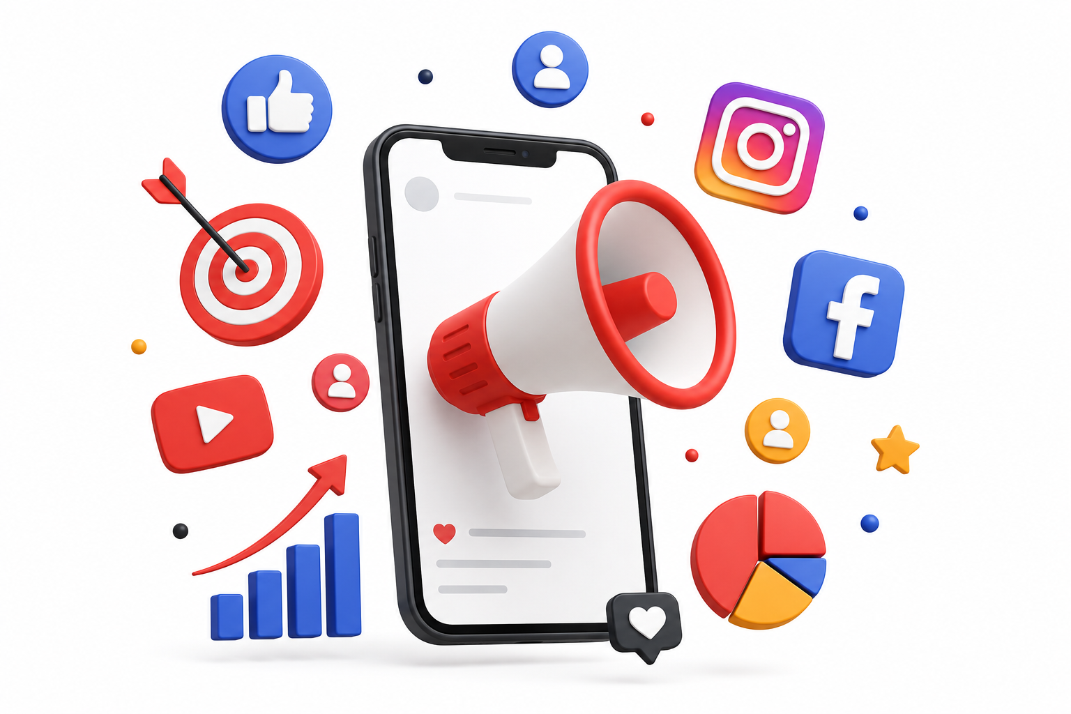Social media marketing illustration with smartphone, social media icons, audience engagement, and growth analytics