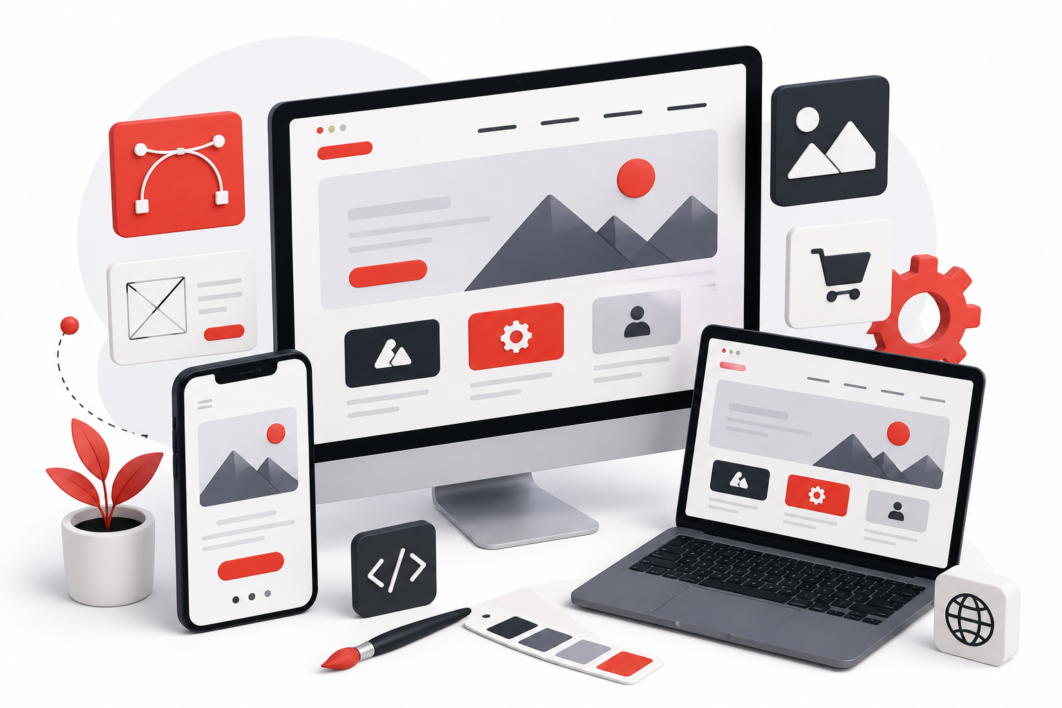 Modern website design illustration showing responsive websites on desktop, laptop and mobile devices