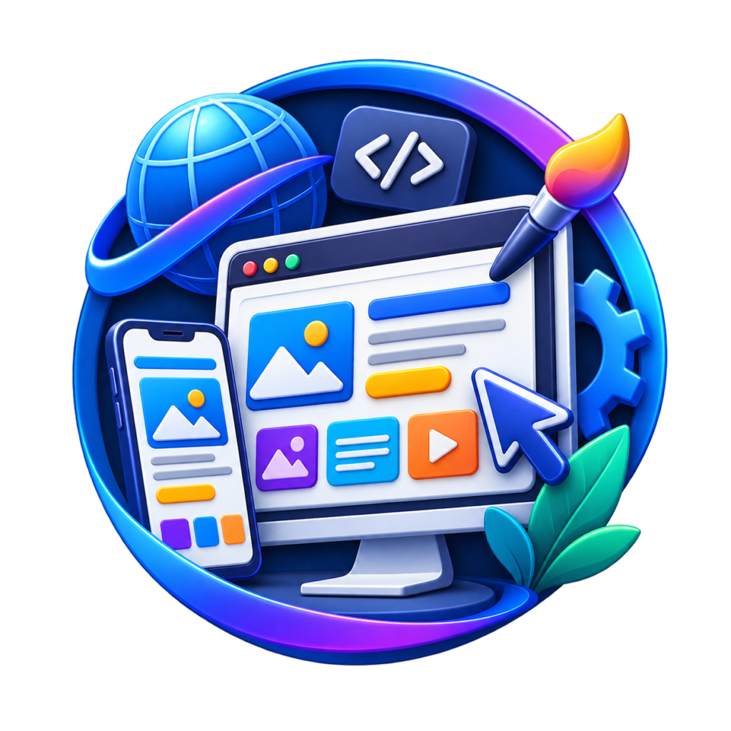 3D website design icon showing responsive web pages, mobile design, coding and creative website development